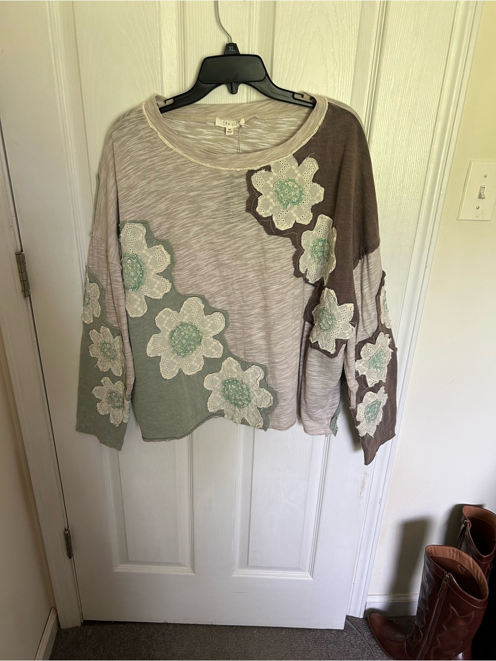 Oli & Hali Cream, Sage & Brown Floral Appliqué Long Sleeve Top